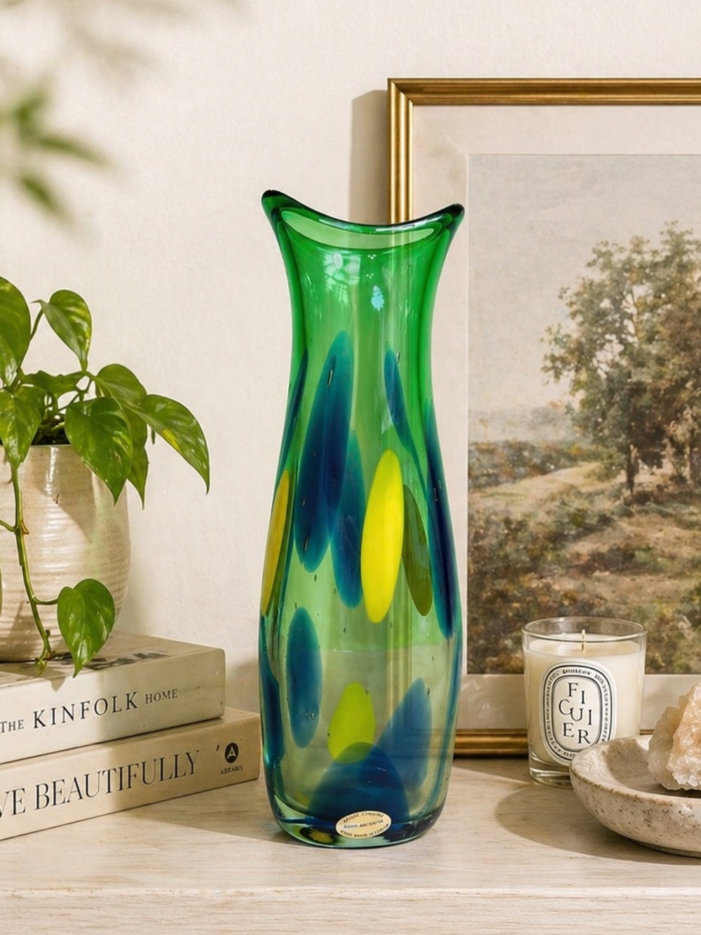 Unique crystal Adam Jablonski vintage Colorful Art Glass Vase
